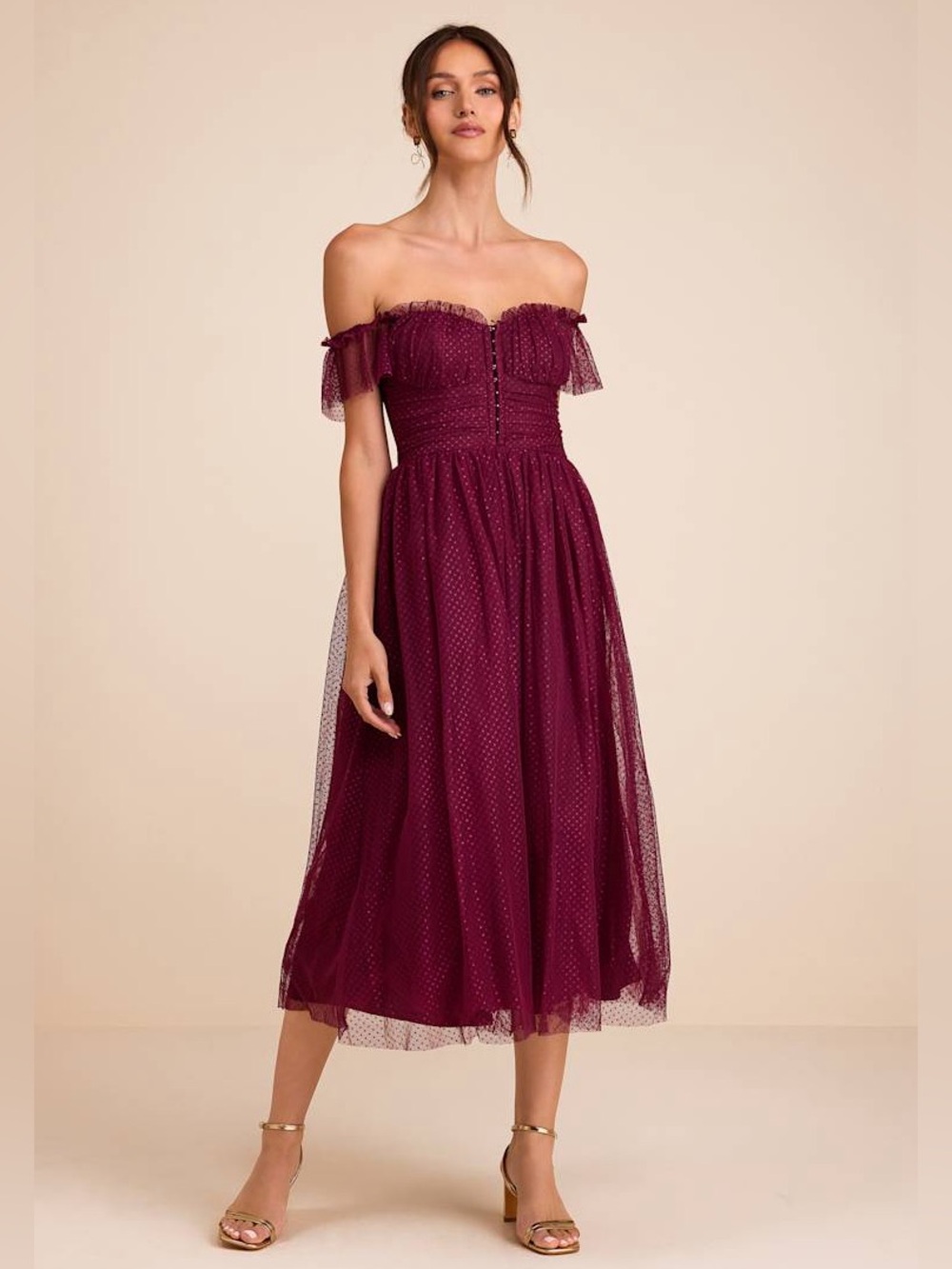 NEW Lulus Regal Radiance Burgundy Tulle Bustier Midi Dress Size Large Fairycore